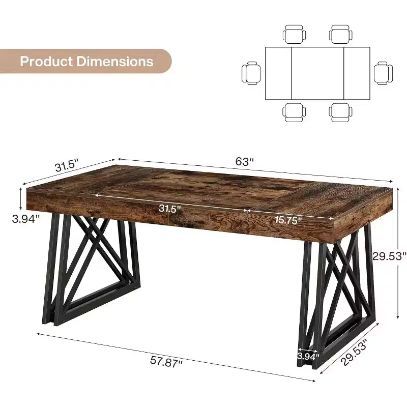 Lantine 63'' dining Table for 4-6, Kitchen Table with Sturdy Metal Legs, Rectangular Dinner Furniture for Living Room, Rustic Brown & Black