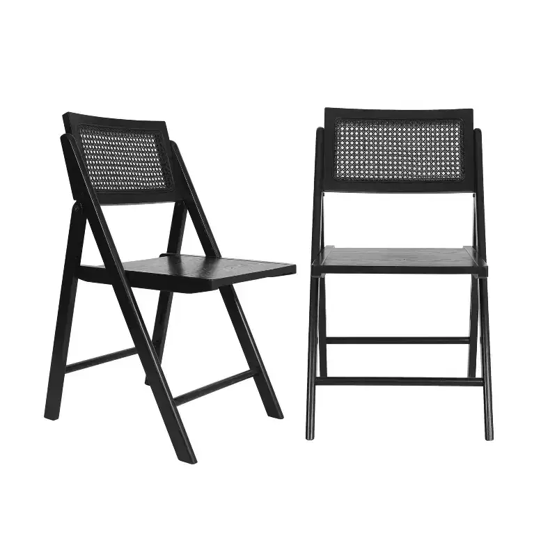 Set of 2 Cane Rattan Folding Chairs, Solid Wood Frame, Woven Back, No Assembly