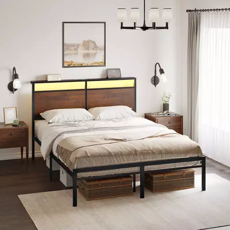 Vintage Bed Frame with Storage LED Headboard, No Box Spring Needed