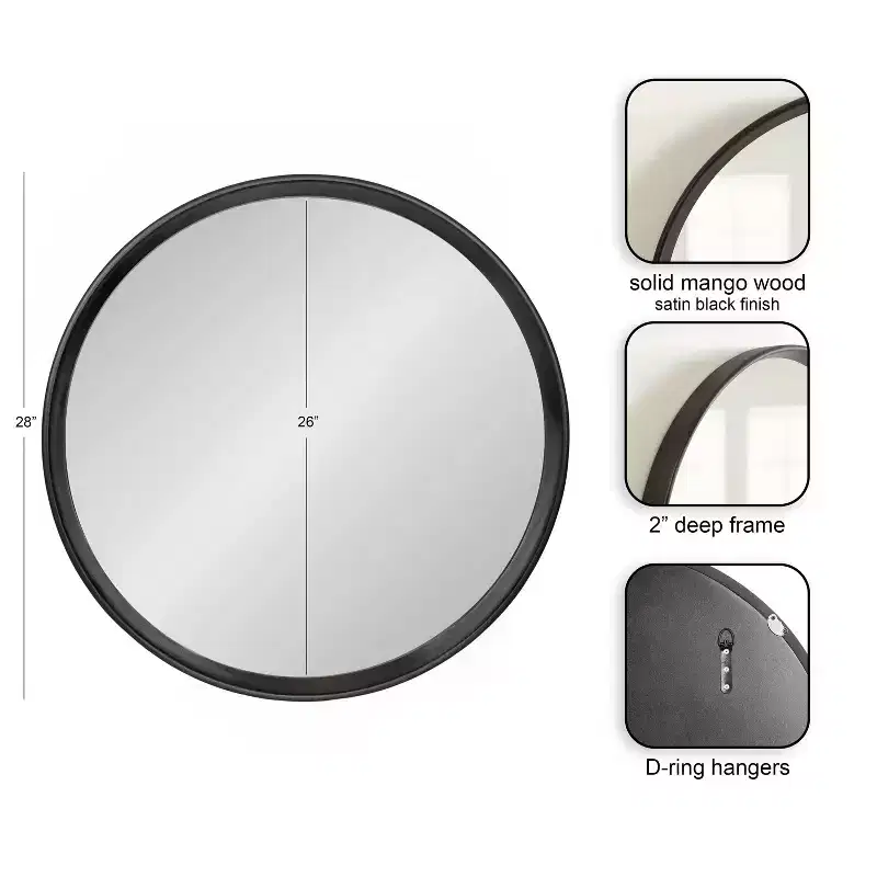 Black Round Wood Framed Wall Mirror, Single