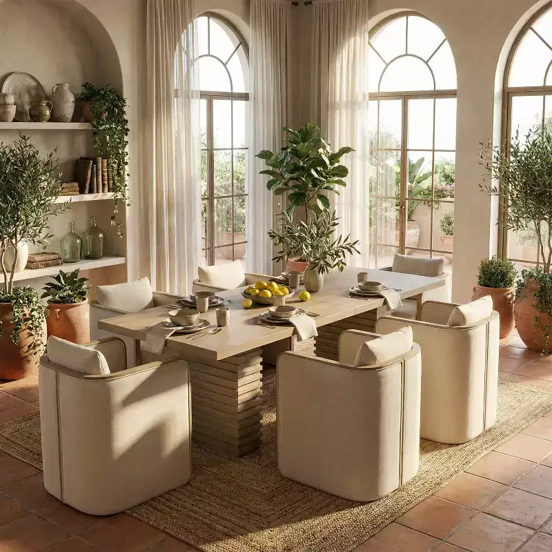 Christopher Knight Home Yao Modern 7 Piece Dining Set with Rectangular Table and 6 Rubberwood Upholstered Chairs