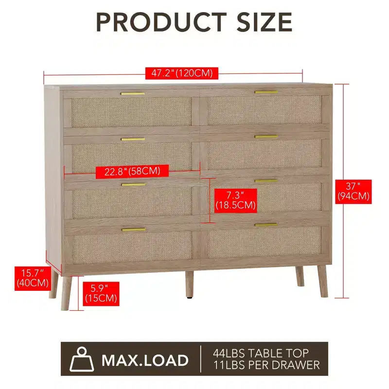 8-Drawers Rattan Dresser for Bedroom, 47 Inch Modern Chest of Drawers with Metal Handle, Wooden Dresser TV Stand