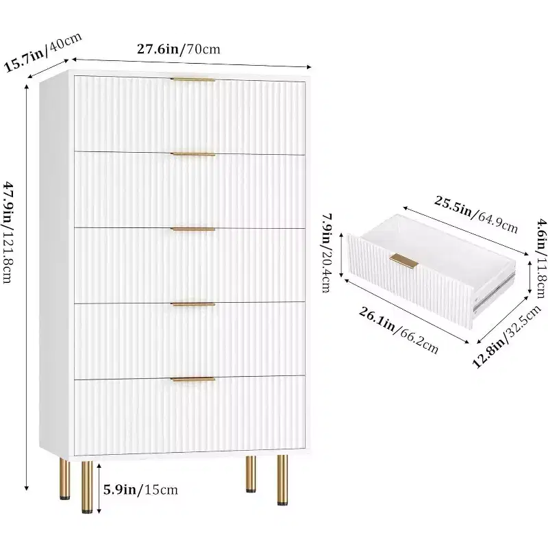 5 Drawer Dresser, Tall Modern Chest with Fluted Panels & Wide Gold Handles, Bedroom Storage Organizer for Closet, Living Room, Entryway