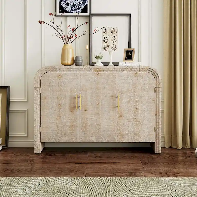 Natural Wood Wash / Antique Black Curved 3-Door Sideboard with Adjustable Shelves for 1–2 Person
