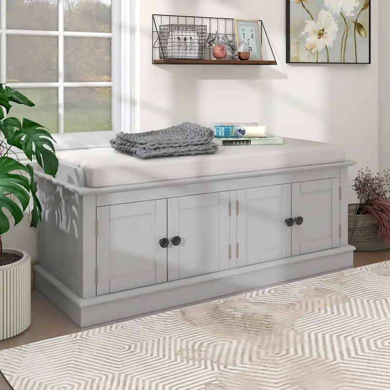 Storage Shoes Bench with 4 Doors and Adjustable Shelves, Removable Cushion
