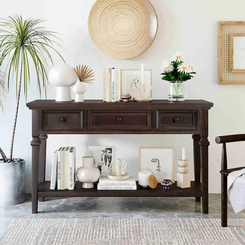 Retro Style Console Table with 3 Drawers and Open Bottom Shelf - Gray Wash