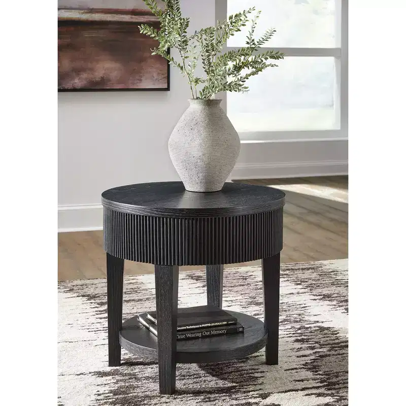 Cylinder End Table with 1 Drawer, Reeded Apron, Dark Charcoal Black, 23