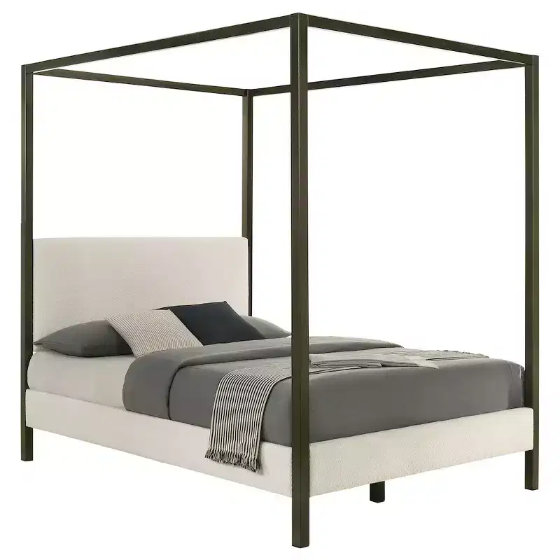Monroe Upholstered Queen Canopy Bed, Vanilla, Wood Frame with Elegant Canopy Design