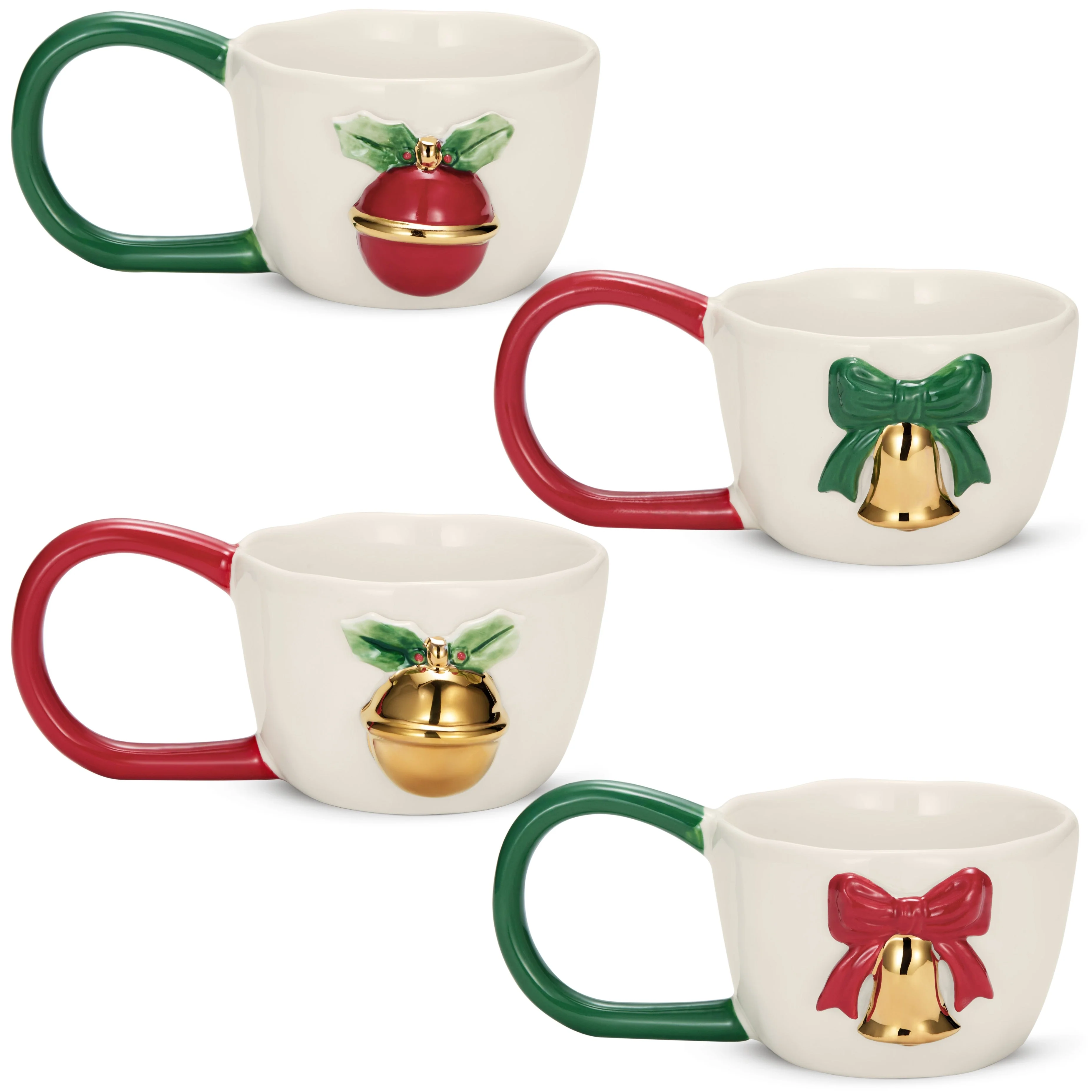 Christmas Mugs with Decorative Handles, Set of 4