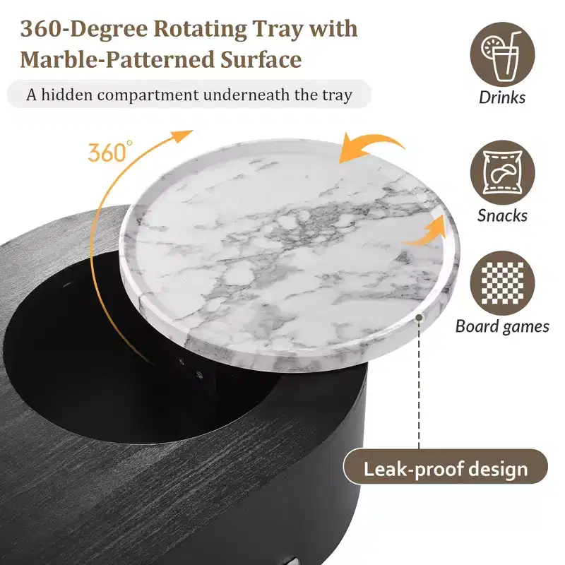 Lift Top Coffee Table Wooden Center Table with 360 Marble-patterned Rotating Tray, 3 Drawers and Hidden Compartment, Brown/Black-ModernLuxe