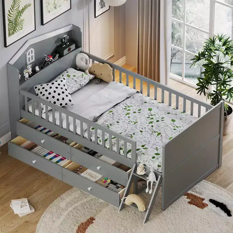 Whisen Twin Wooden Bed Frame, Platform Bed Frame with Storage 4 Drawers, Guardrail Headboard and Ladder