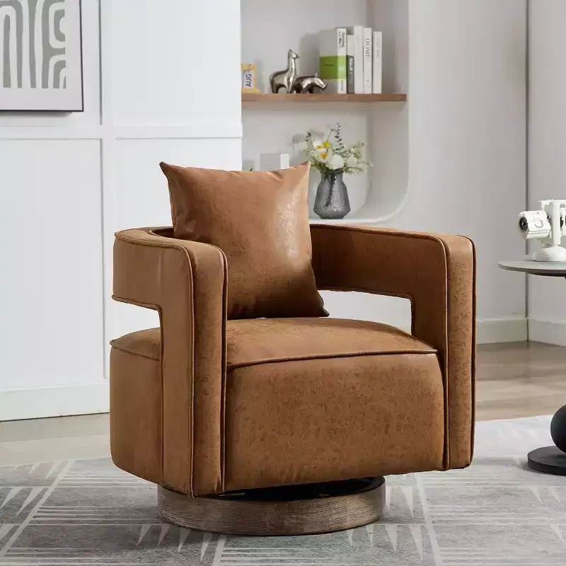 TUYOHW 29.1W Swivel Accent Barrel Chair,Upholstered Lounge Chair with Weathered Rubberwood Base,Faux Leather Club Chair for Living Room,Office