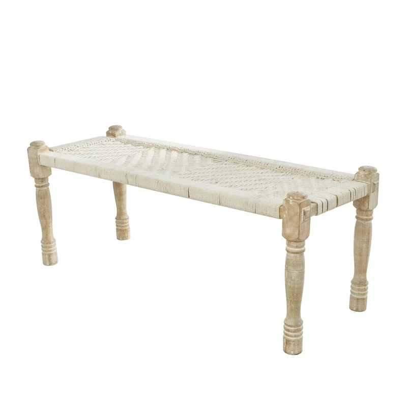 Handwoven Cotton Chevron Bench with Mango Wood Legs – Beige, 48x18x19