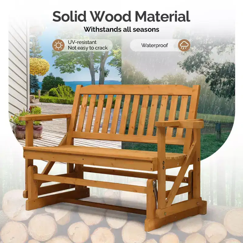 Karl Home | Double-Seat Fir Wood Patio Glider Bench with Vertical Slat Backrest
