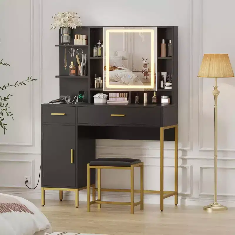 Bedroom Dressing Table with Lamp and Power Socket , Wooden Dressing Table with 2 Drawers, 9 Open Shelves, 2 Cabinets, Cushion and Stool