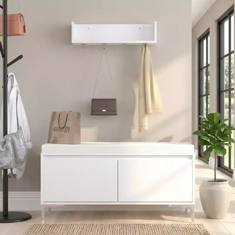 FurnitureR Wall-Mounted Entryway Shelf with Hooks and Storage Bench Set, Modern White Shoe Cabinet with Cushion, Off White