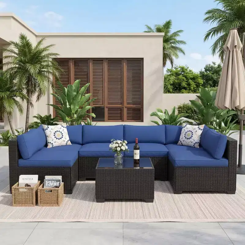7-Piece Outdoor Wicker Sectional Sofa Set with Washable Cushions and Glass Coffee Table for Patio, Backyard & Poolside