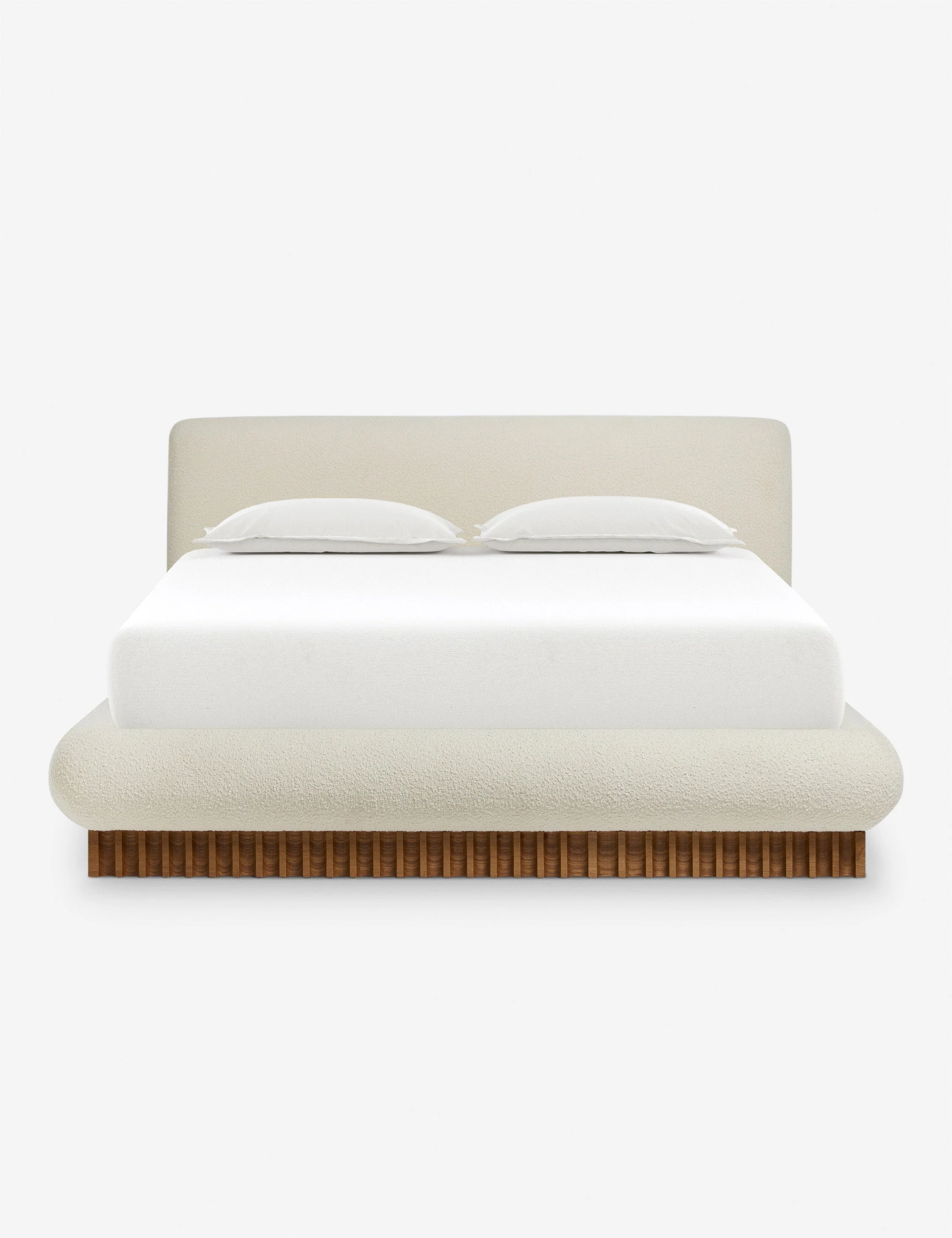 Bed Bouclé, Plinth Base This plush, overstuffed bed frame offers a cozy night's sp with its signature profile. Set on a d wooden plinth base,