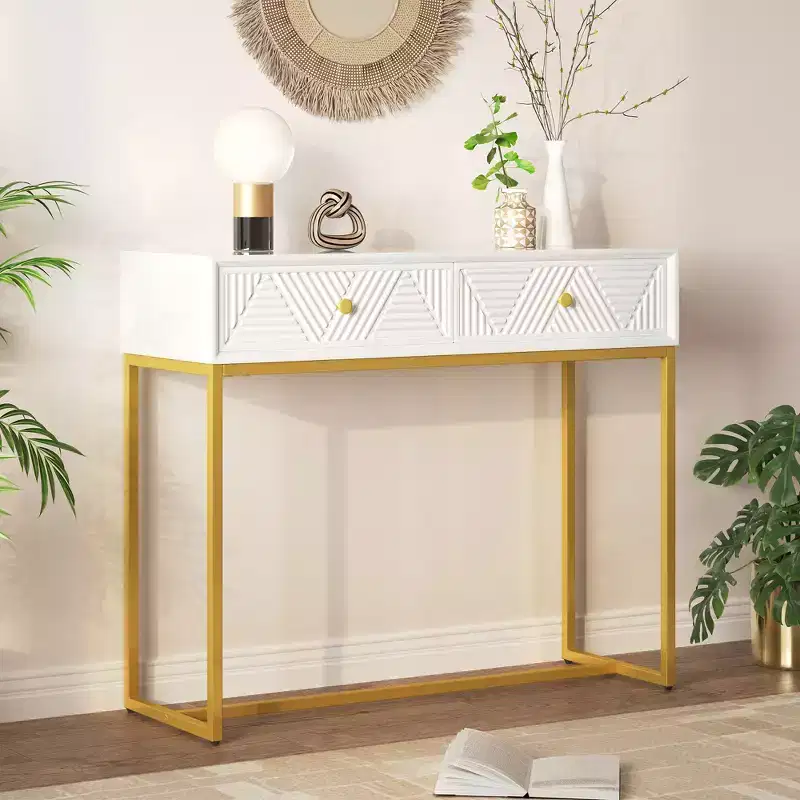 MAYEERTY Modern Narrow Console Table with Storage 2 Drawers Stripe Design for Living Room Hallway White