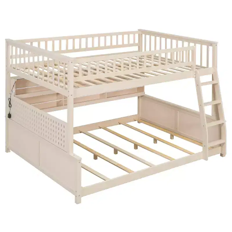 Full Xl Over Queen Low Bunk Bed With Built In Lighted Shelves And Pegboard