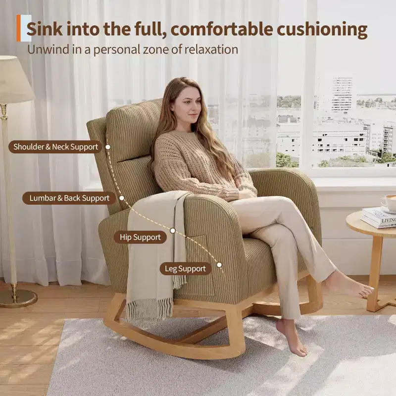 Modern Nursery Glider Rocking Chair with Side Pockets & Pillow – Ergonomic, 300 lb Capacity