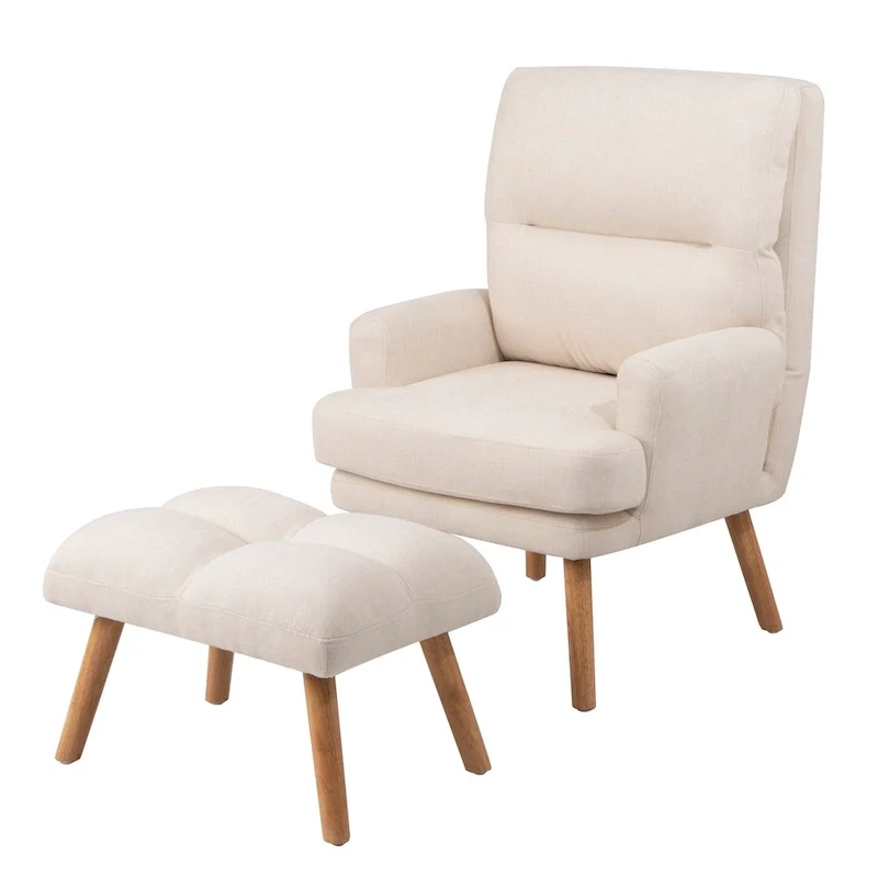 Accent Chair with Ottoman Set, Fabric Armchair with Wood Legs and Adjustable Backrest , Mid Century Modern Comfy Lounge Chair