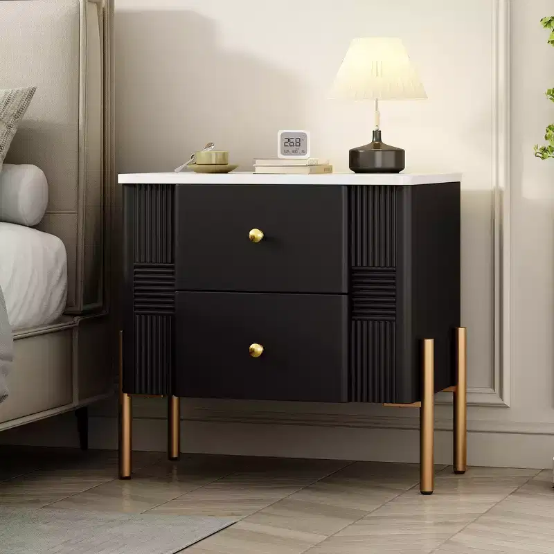 Whisen Modern Minimalist Nightstand with 2 Storage Drawer, Golden Metal Handles and Legs, Unique Textured Design