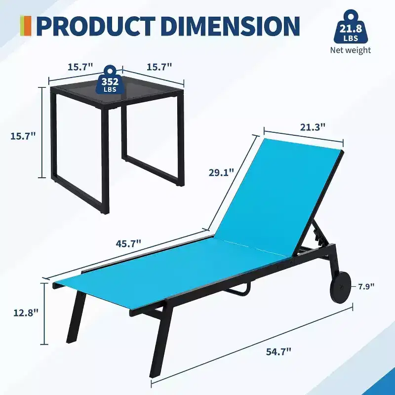 2 Patio Chaise Lounge Chairs with Side Table, Outdoor Sun Lounger Set with 5-Position Reclining Backrest & Wheels, Poolside Furniture