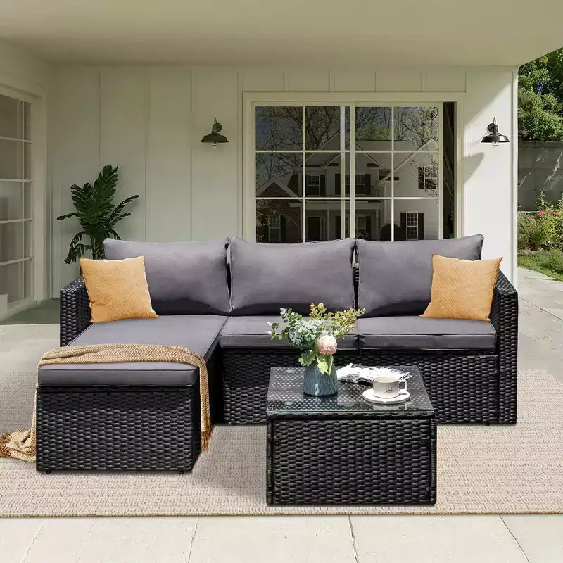 Celebalcony 3 Pieces Patio Furniture Set, Outdoor Wicker Sectional Sofa with Coffee Table, Anti-Slip & All-Weather Cushions for Garden,Backyard