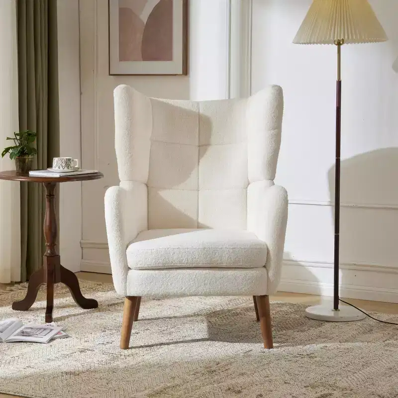 Modern Wingback Accent Chair with Birch Wood Legs & Teddy Fabric Upholstery