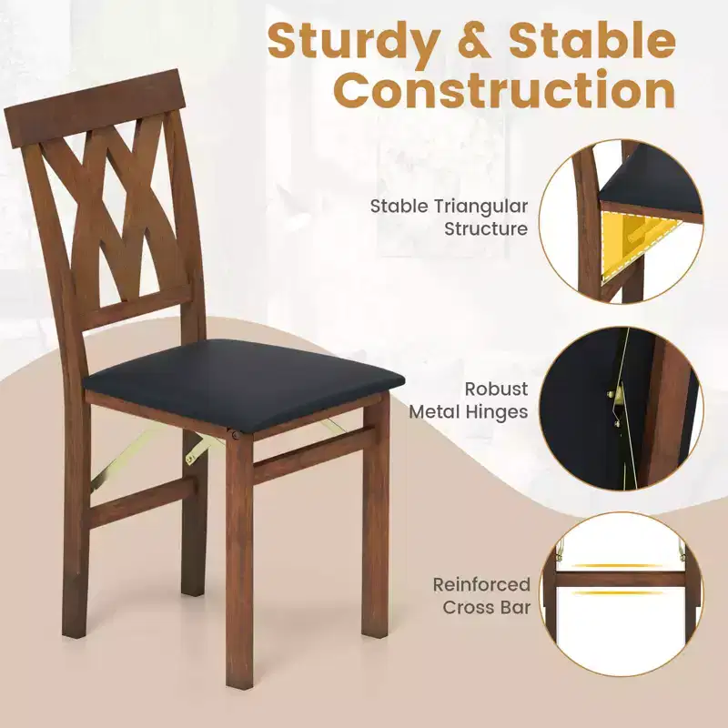 Costway Folding Kitchen Chairs Set of 2/4 with Rubber Wood Frame Padded Seat with PVC Leather White/Brown