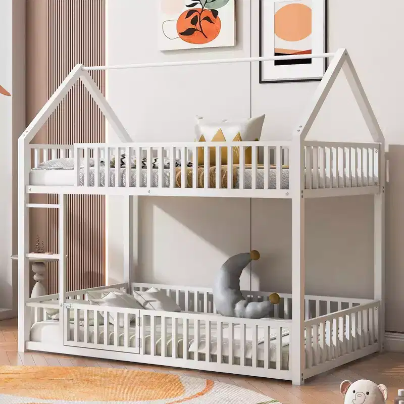 78IN Twin-Over-Twin Size Metal Bunk Bed, Bed Frames with Fence, Door and Safety Guardrail, Kids Bunk Beds for Kids Room, Bedroom, White