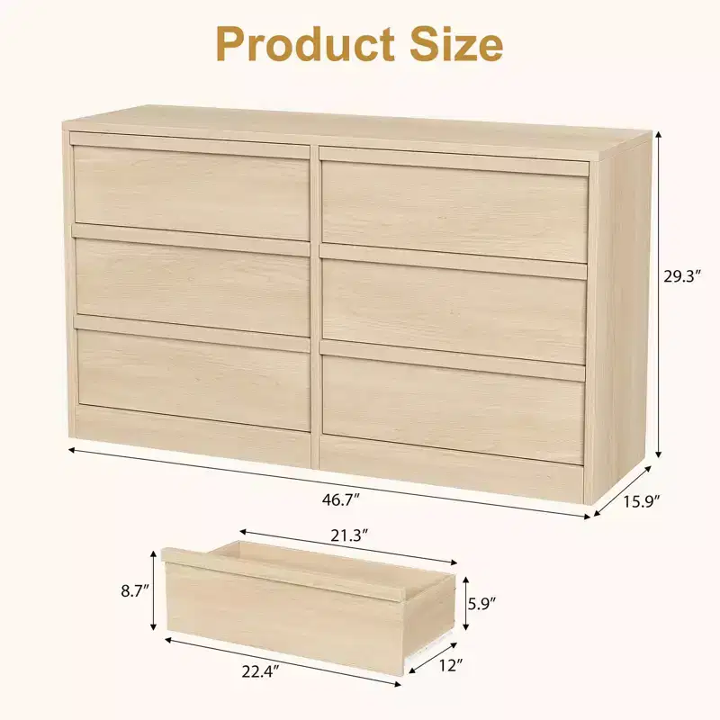47-Inch Wide 6-Drawer Dresser in Natural Oak – Wooden Chest for Bedroom, Nursery & Entryway