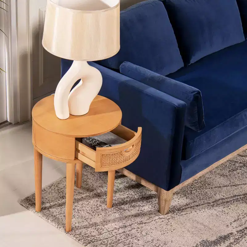 GDFStudio Rossville 18 Round Rattan and Wood Drawer Side Table
