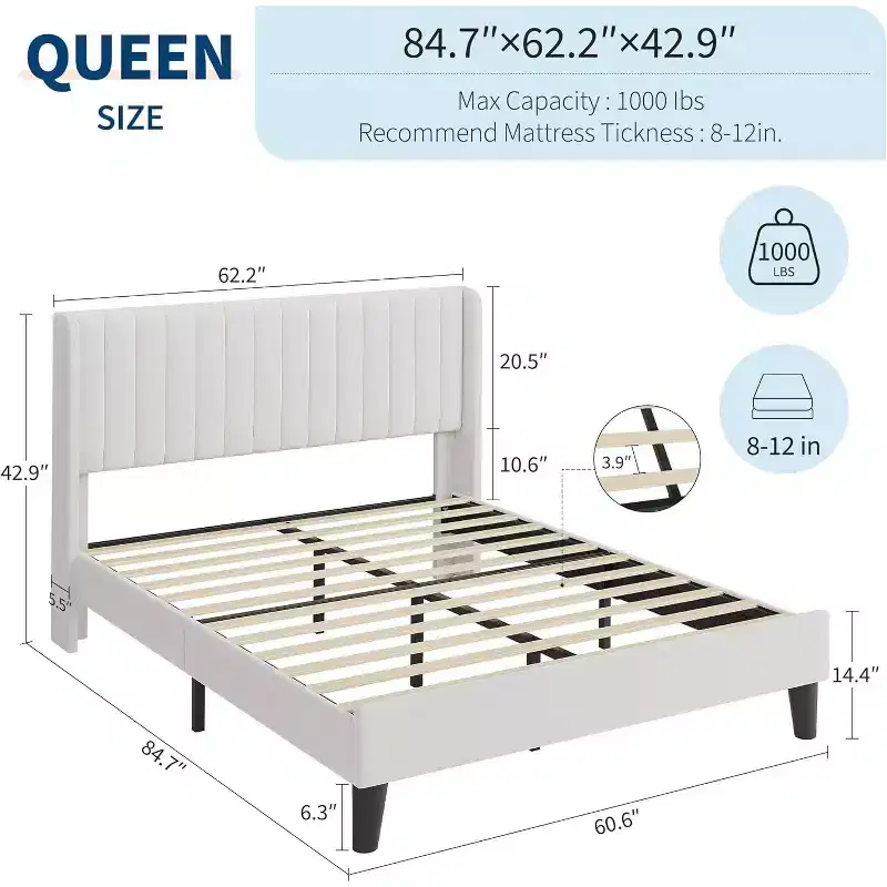 Acekool Upholstered Platform Bed Frame with Padded Velvet Headboard, Modern Wingback Bed Base with Wooden Slats, Under Bed Storage