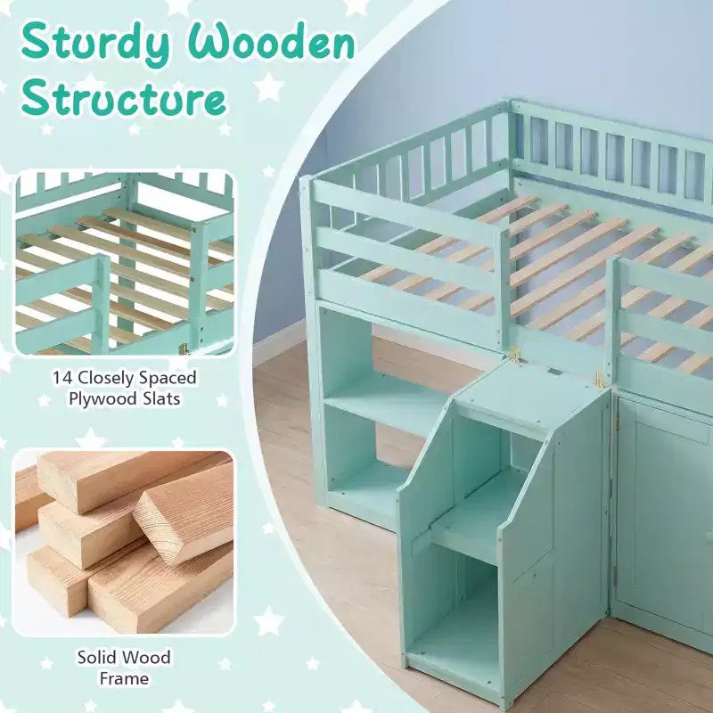 Twin Low Loft Bed with LED Light, Stairs & Guardrails, Modern Pine Wood Kids Bed, White/Mint/Gray