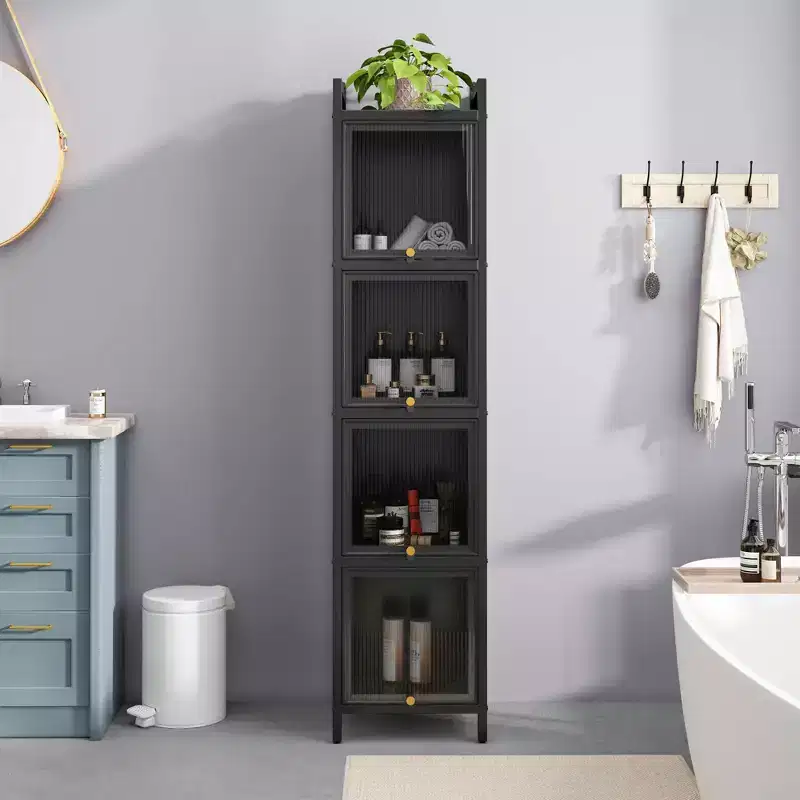 Modern Glass Door Display Cabinet, 4 Glass Doors with 5-Tier Storage for Living Room or Bathroom, Black