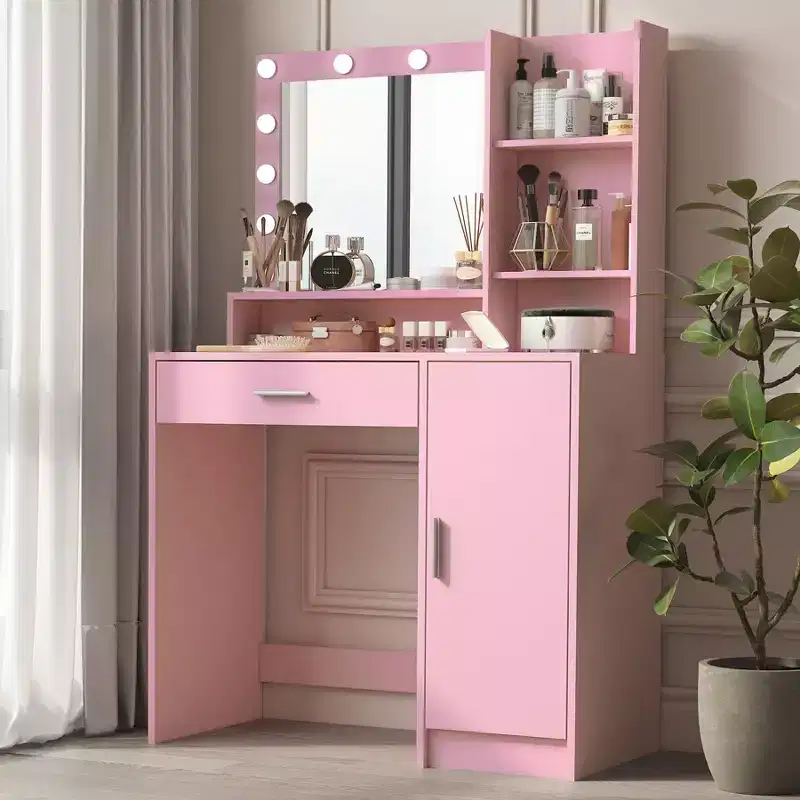 Okak Vanity Table with Mirror, Makeup Vanity with Three Level Storage Shelves, 1 Drawer and 1 Cabinet Door, Makeup Desk for Vanity Room