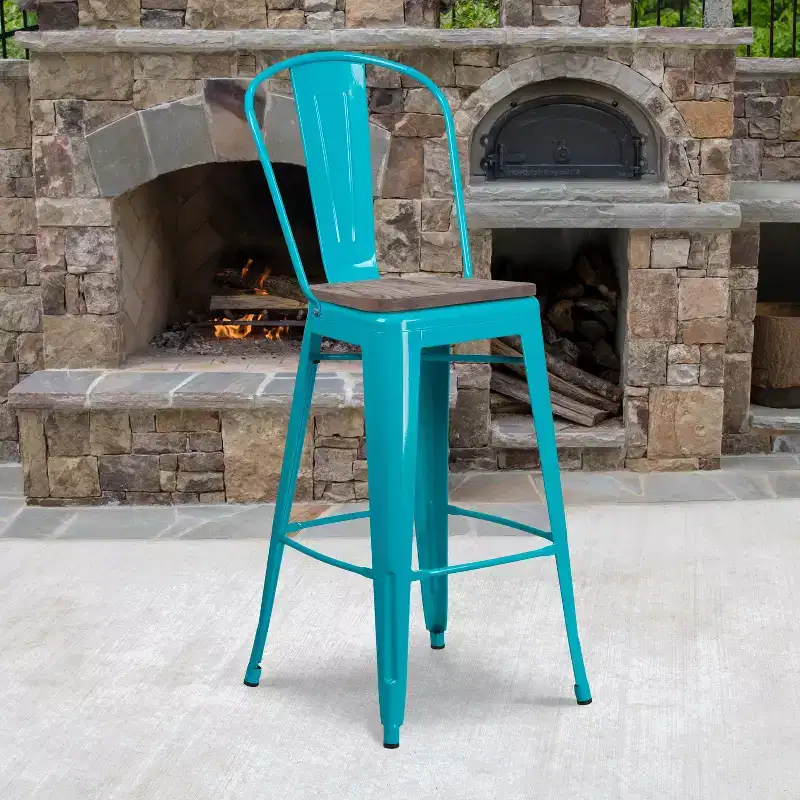 Flash Furniture 30 High Metal Barstool with Back and Wood Seat