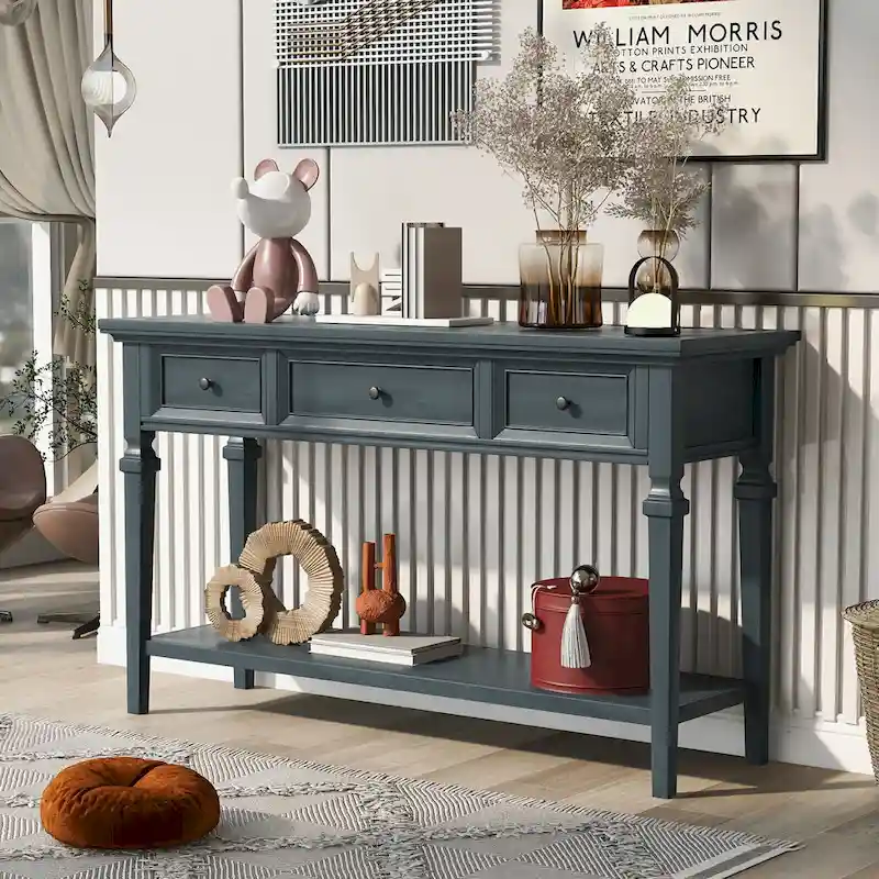Vintage Solid Wood Console Table with 3 Drawers Bottom Shelf Retro Metal Handles 50 L Multiple Colors