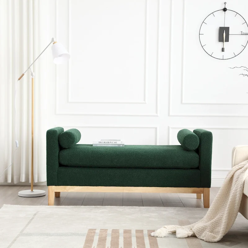 Upholstered Bench Wood Legs and Bolster Pillows