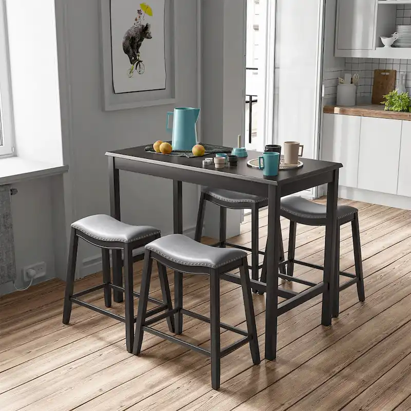 Costway 5PCS Bar Table Set Counter Height Table & Upholstered Saddle