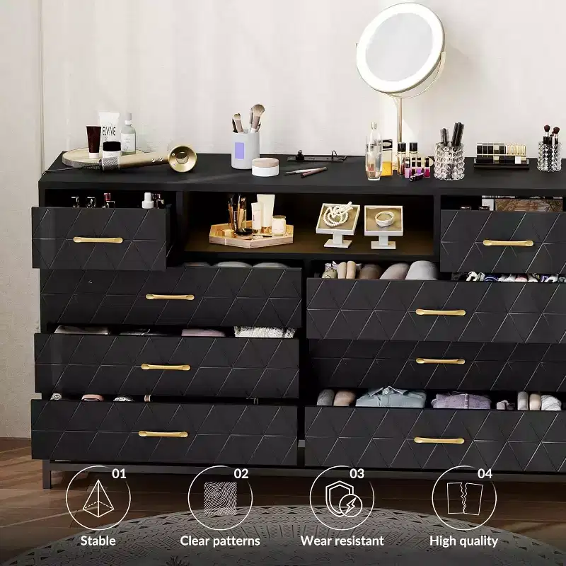 Zstar Modern 8-Drawer Dresser with Built-in USB and AC Charging Stations, LED Lights, Black
