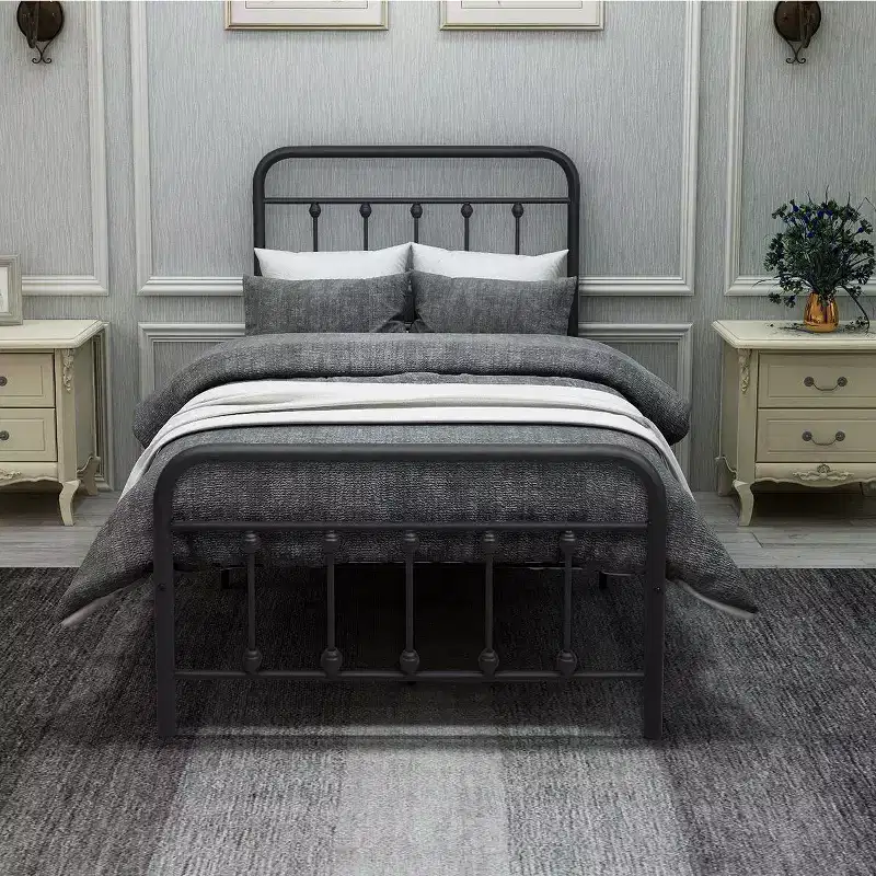 Twin Size Metal Platform Bed Frame with Headboard and Strong Slat Support, Black