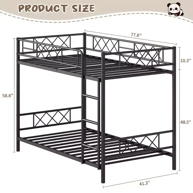 Bunk Bed Twin Over Twin with Extra High Guardrail, Heavy Duty Metal Frame & Sturdy Slats, No Box Spring Needed