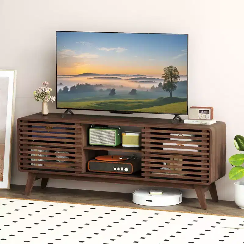 TV Stand with Sliding Doors, Adjustable Shelves & Rubber Wood Legs for TVs up to 65