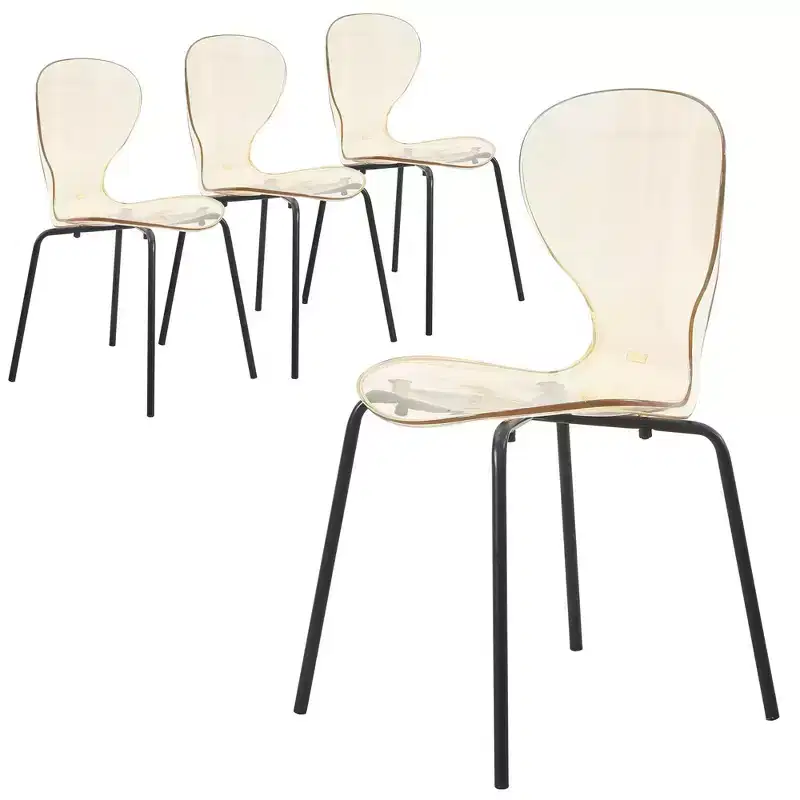 Transparent Dining Chairs of 4 Stackable Curved Back Design with Black Stainless Steel Legs for Kitchen or Dining Room