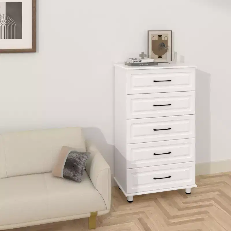 5 Drawer Dresser, White Tall Dresser for Bedroom, Closet Wood Storage with Steel Handles, White