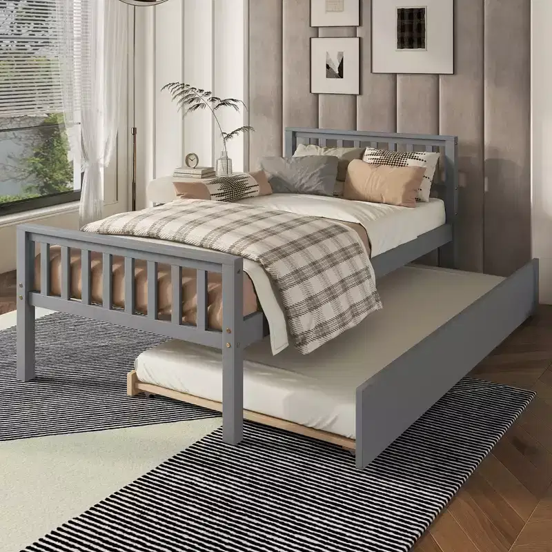 MATEERTY Twin Bed with Trundle, Platform Bed Frame with Headboard and Footboard for Bedroom Small Living Space Gray