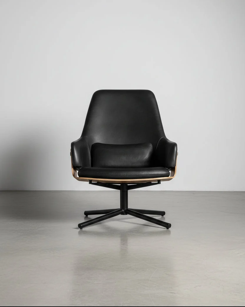 Modern Leather Swivel Lounge Chair with Plywood Shell & High Back for Living Room